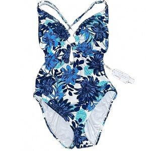 BLEU rod beattie one piece blue and white floral plunge swimsuit
